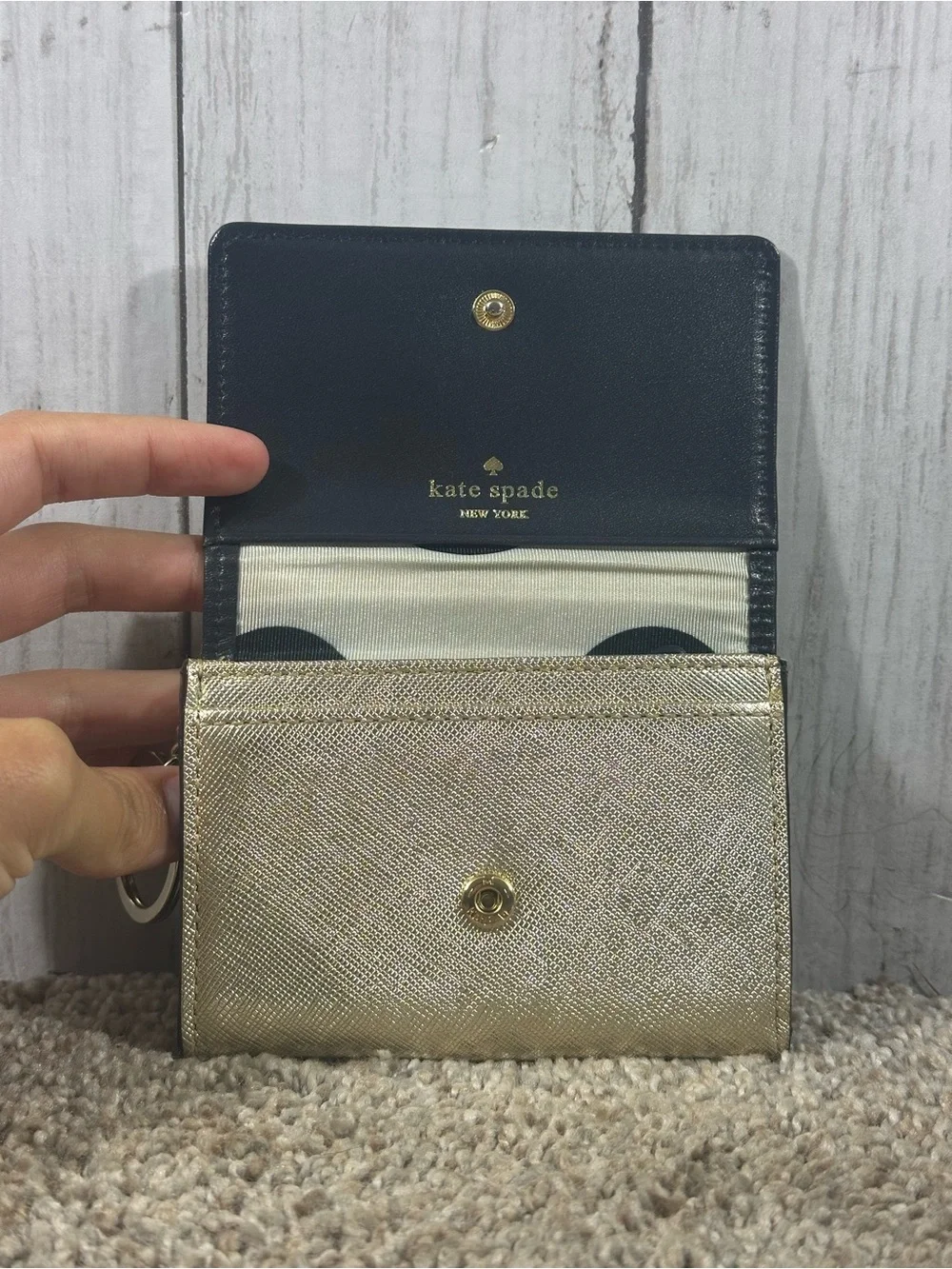 Kate Spade New York Champagne Trifold Wallet w/ Black Polka Dots
